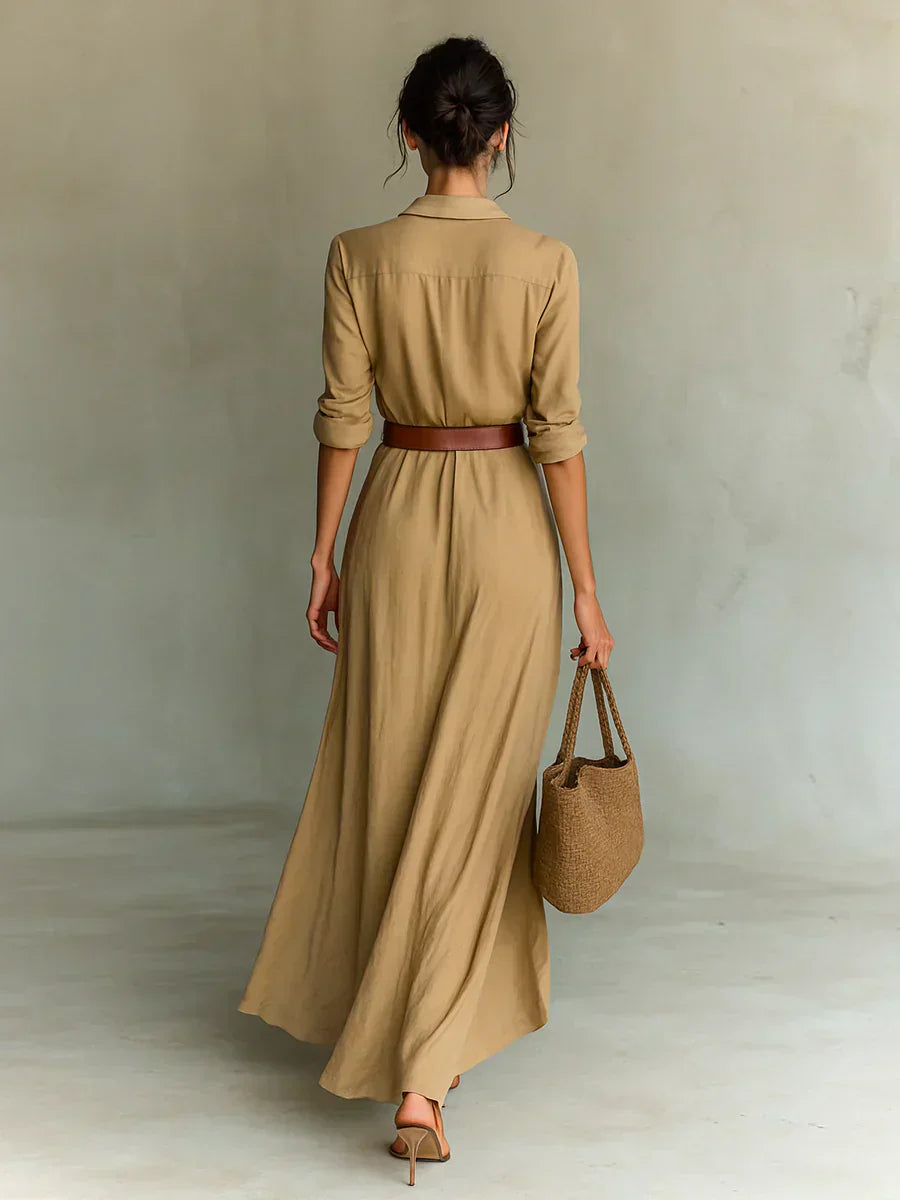 Camila | Vestido largo con solapa y cinturón en la cintura