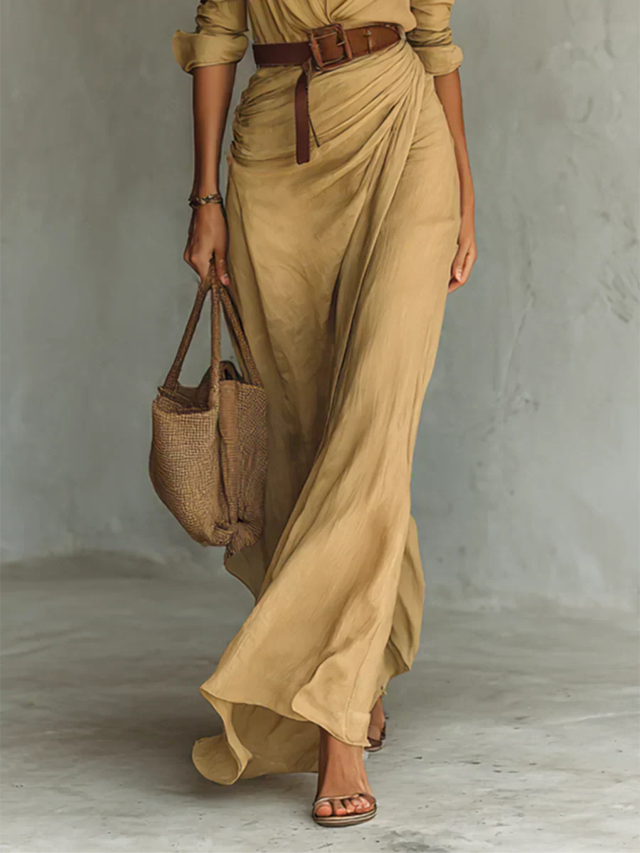 Camila | Vestido largo con solapa y cinturón en la cintura
