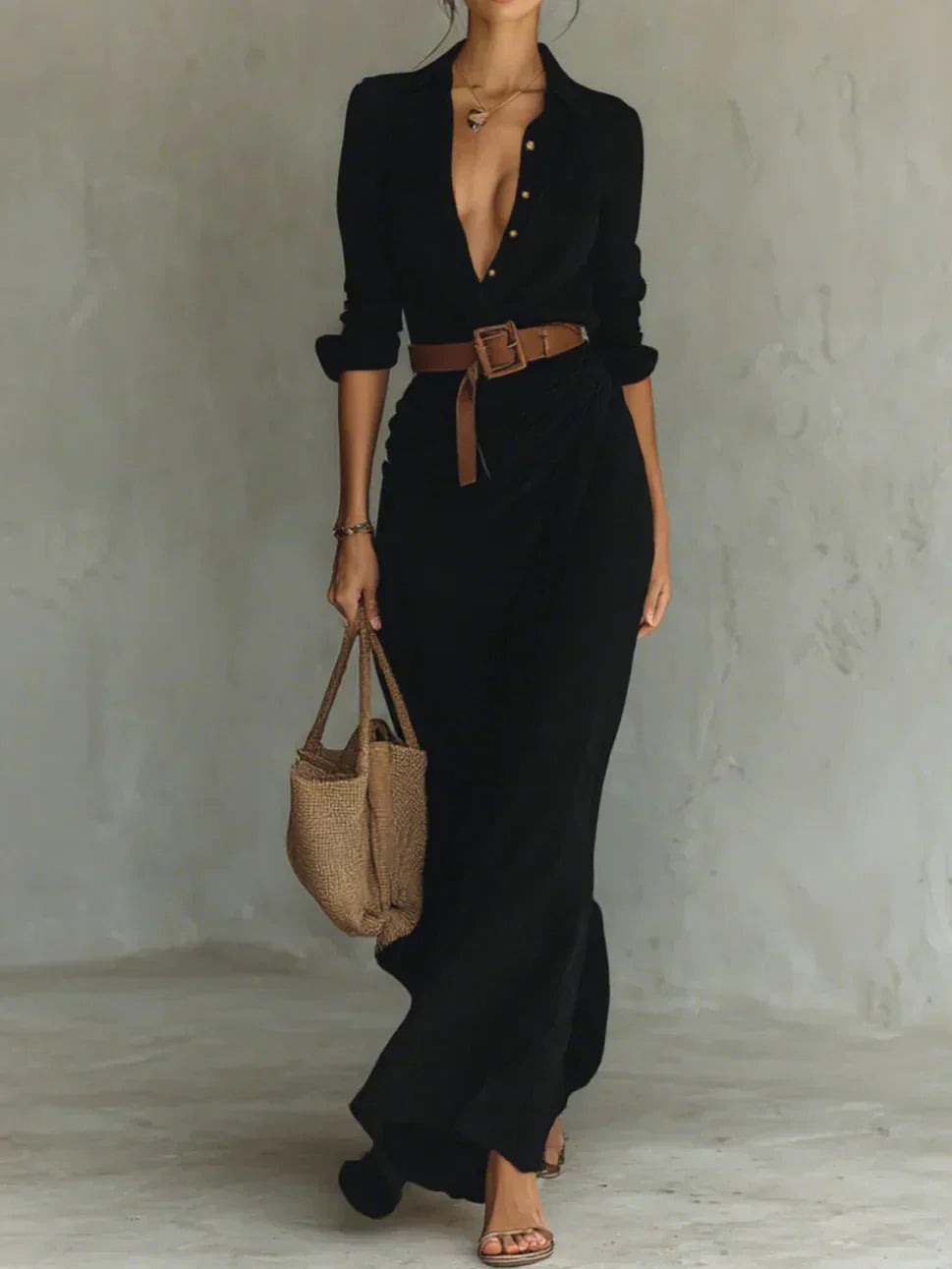 Camila | Vestido largo con solapa y cinturón en la cintura