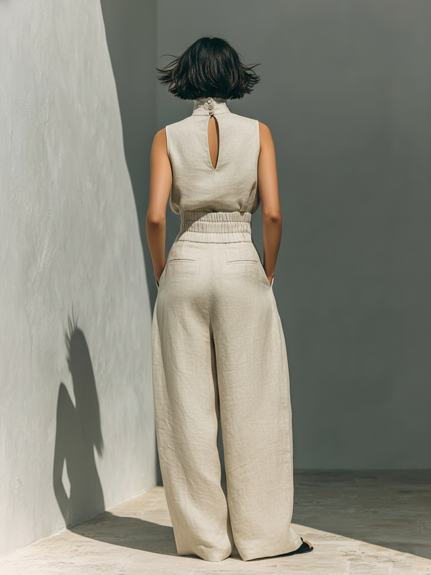 Laura | Conjunto completo con camiseta sin mangas y pantalones anchos de algodón y lino