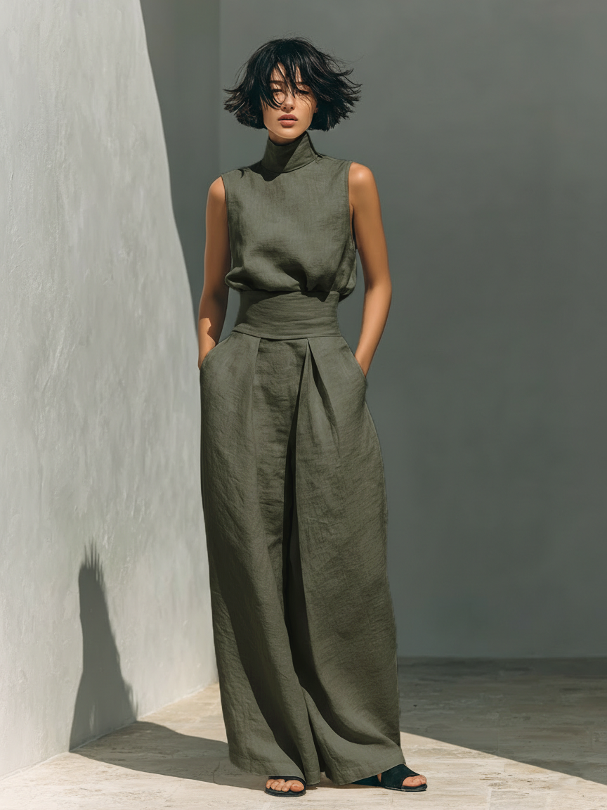 Laura | Conjunto completo con camiseta sin mangas y pantalones anchos de algodón y lino
