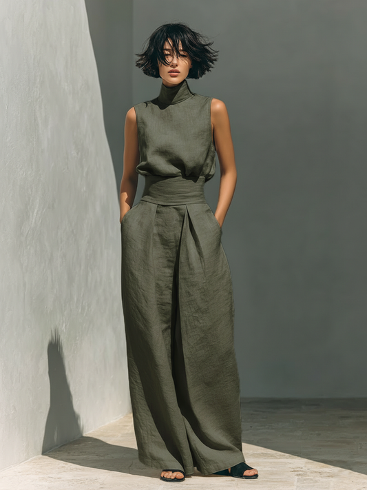 Laura | Conjunto completo con camiseta sin mangas y pantalones anchos de algodón y lino