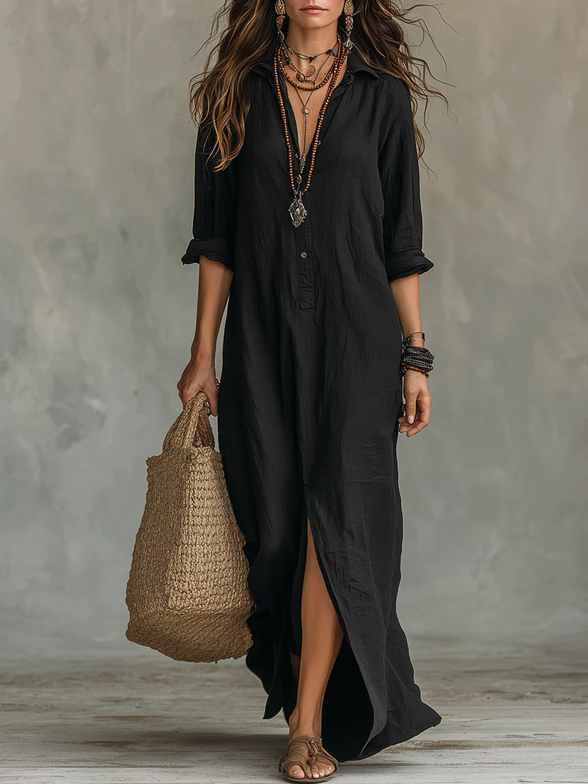 Sonia | Vestido largo negro tipo maxi con botones