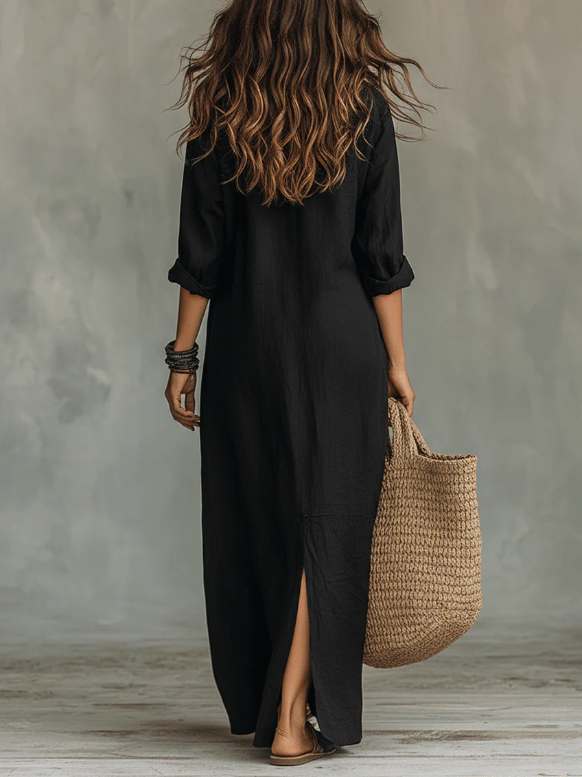 Sonia | Vestido largo negro tipo maxi con botones