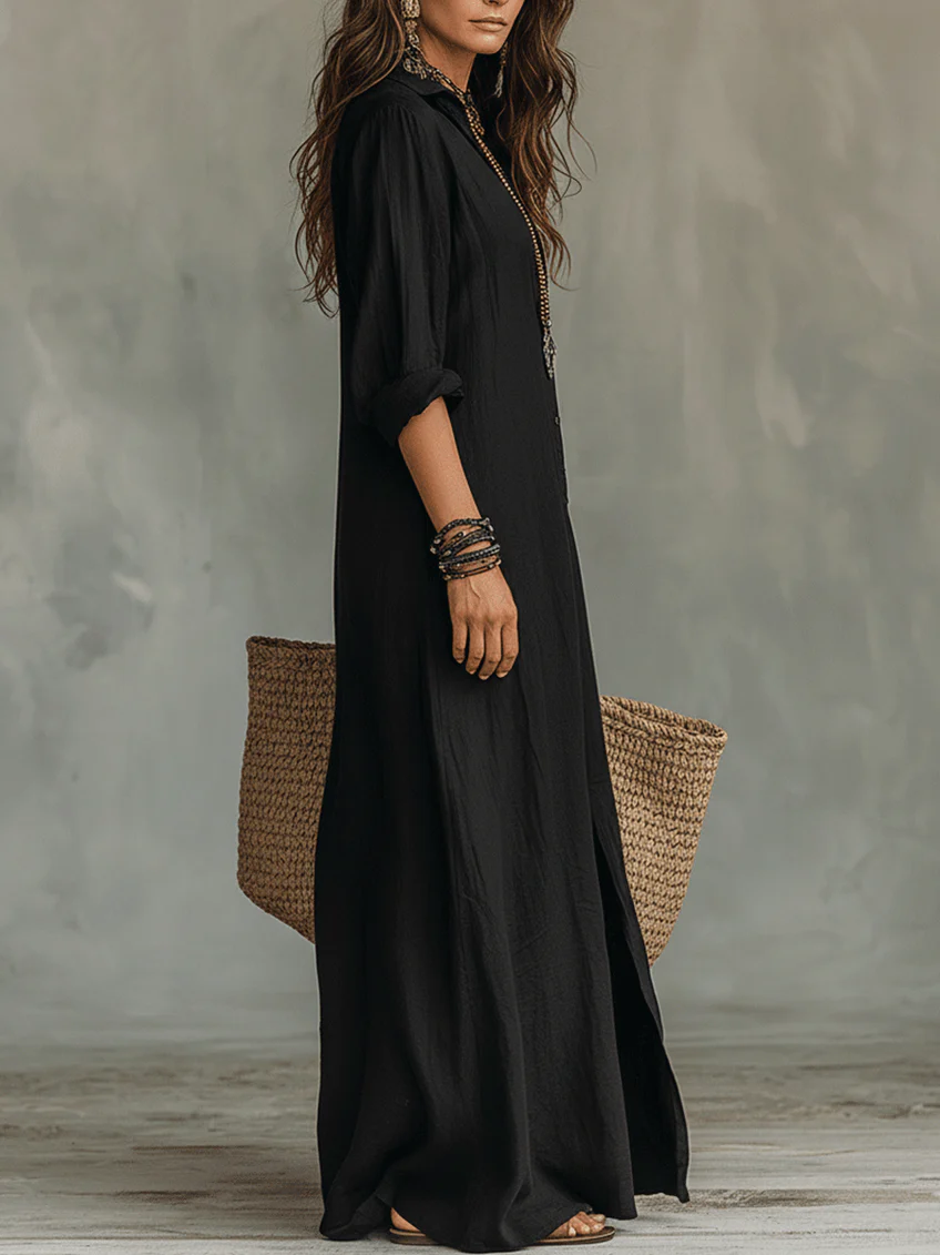 Sonia | Vestido largo negro tipo maxi con botones