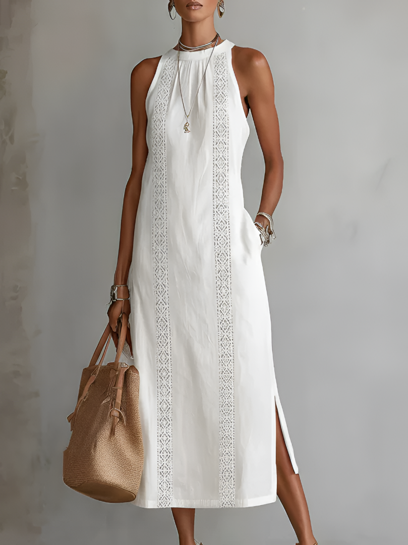 Ingrid | Vestido midi de lino con cuello mao