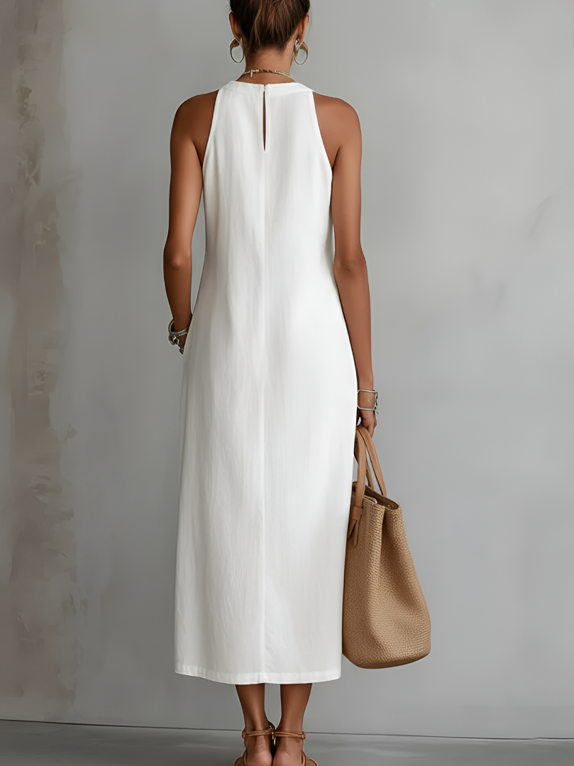 Ingrid | Vestido midi de lino con cuello mao