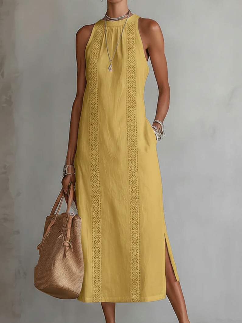 Ingrid | Vestido midi de lino con cuello mao