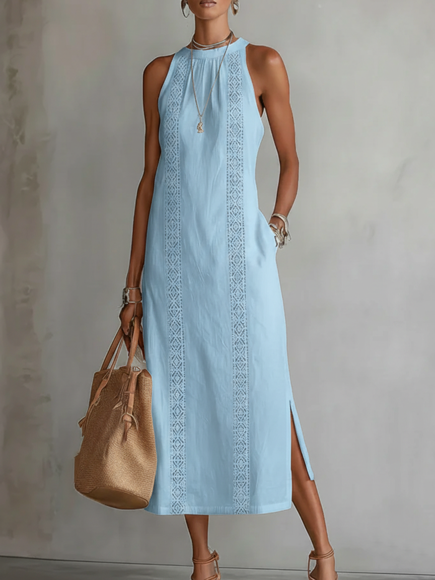 Ingrid | Vestido midi de lino con cuello mao