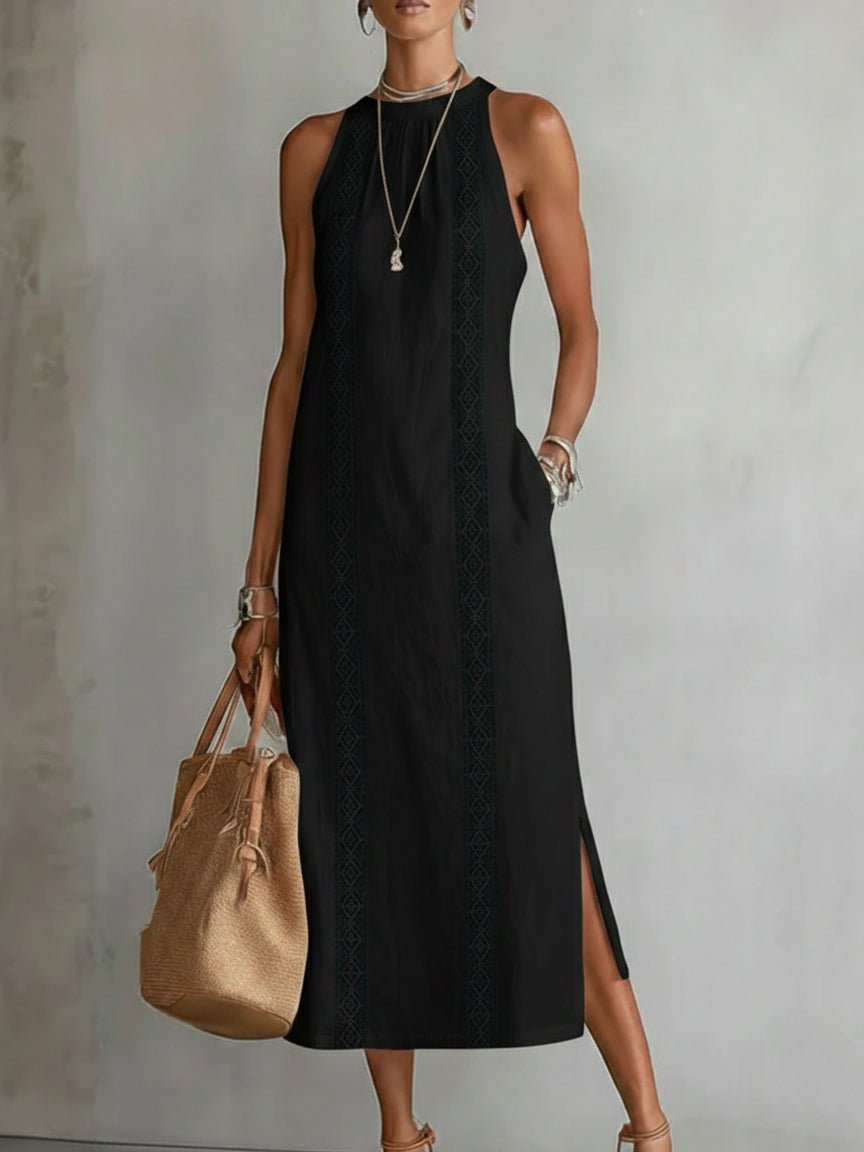 Ingrid | Vestido midi de lino con cuello mao